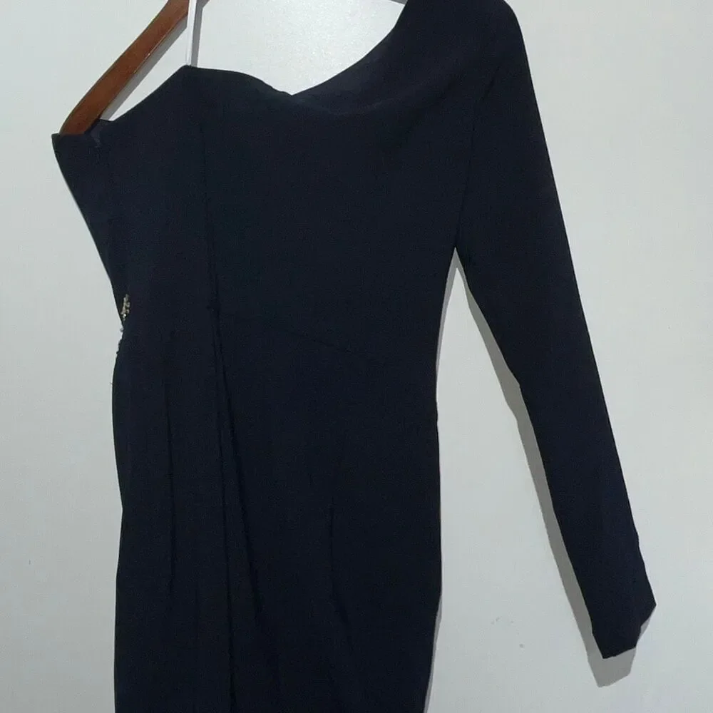 Marchesa Notte Navy One Shoulder Beaded Stretch Crepe Long Gown Size 2‎ NWT